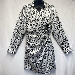 Zara Collared Long Sleeve Mini Wrap Dress Women Small Black-Ivory Animal Print